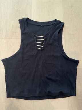 Ribbed Black Tank Top with Ladder Back Detail size L